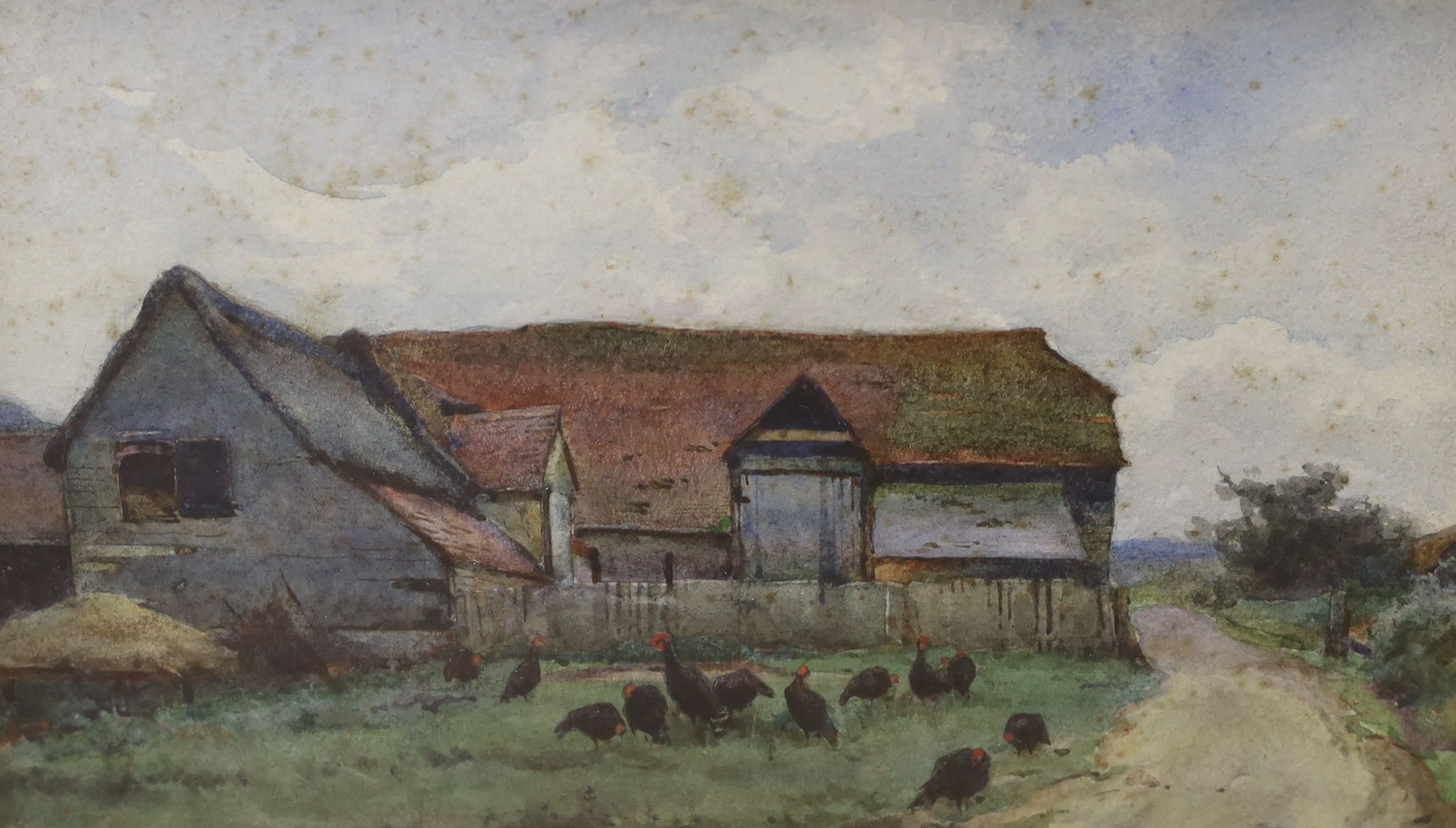 Early 20th Century English School, pair of watercolours, Chickens beside a barn and Cattle in an open landscape, indistinctly signed, 16 x 26cm